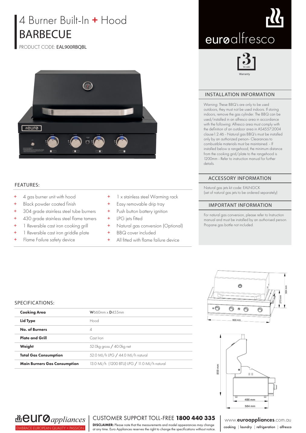 Euro EAL900RBQBL manufacturer technical sheet and dimensions
