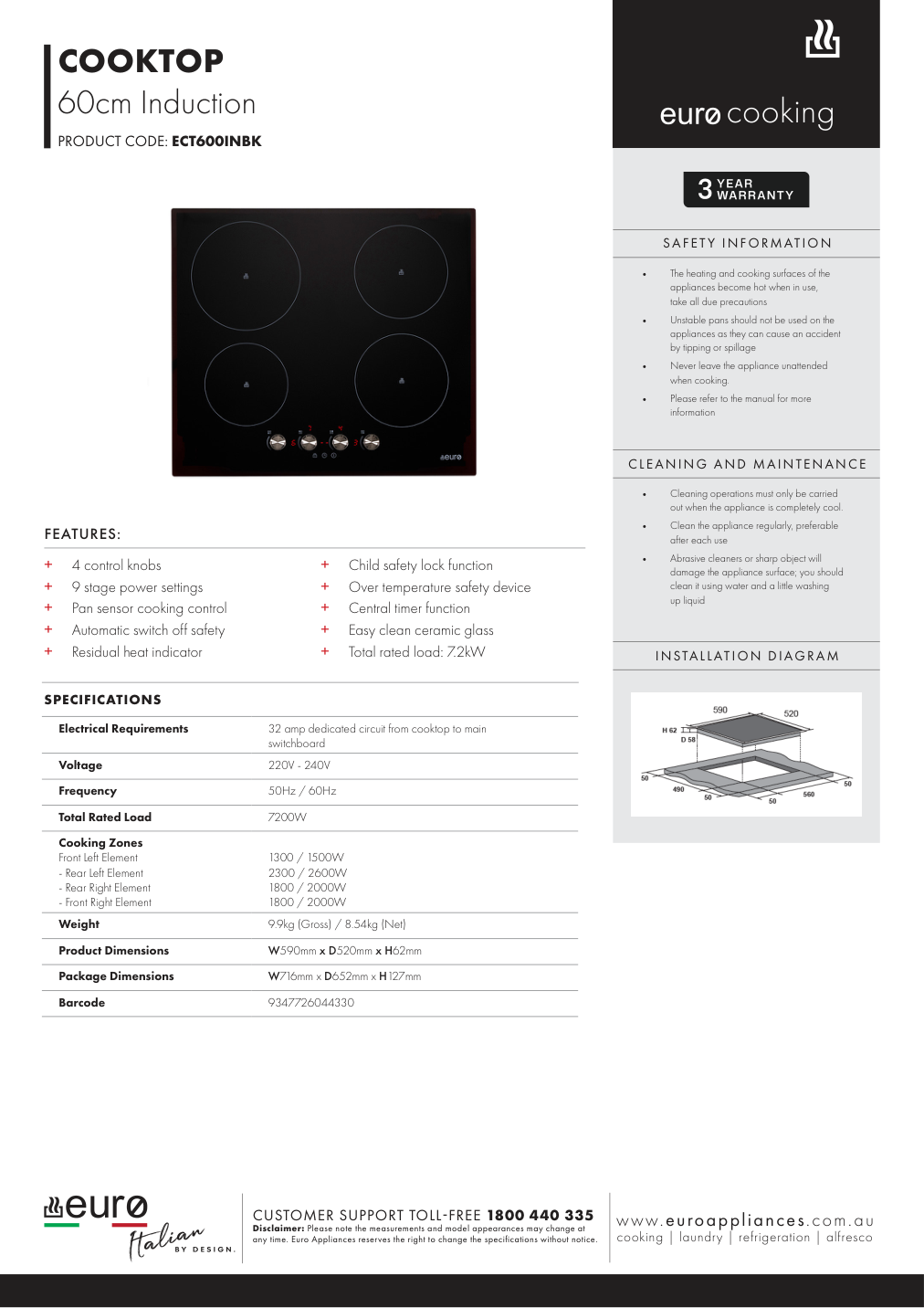 Euro ECT600INBK manufacturer technical sheet and dimensions