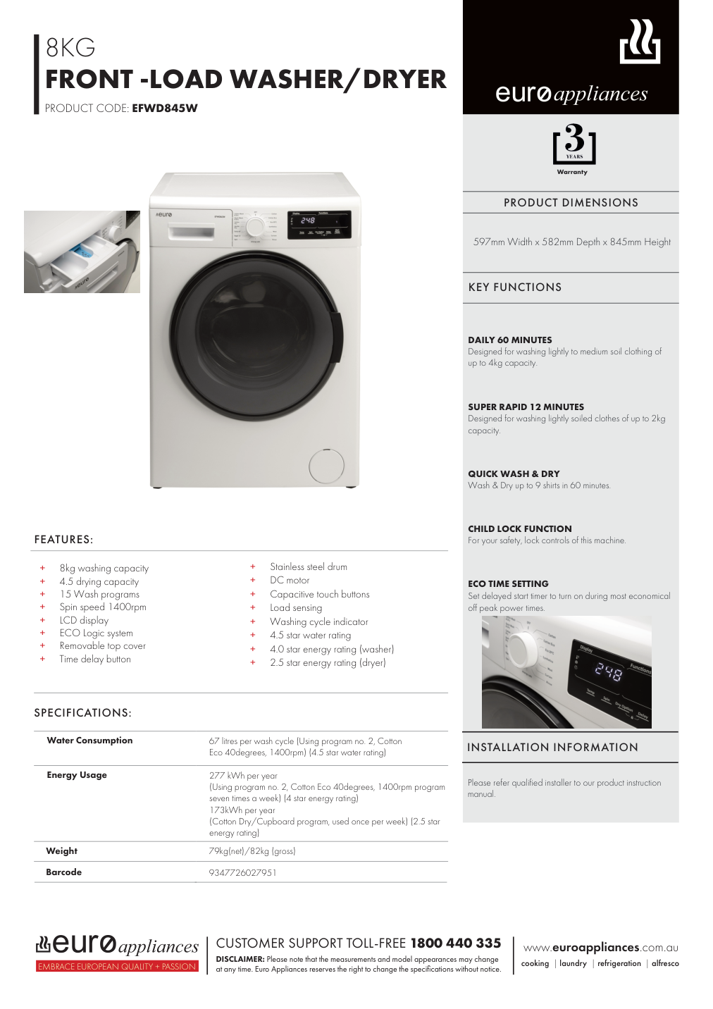 Euro EFWD845W manufacturer technical sheet and dimensions