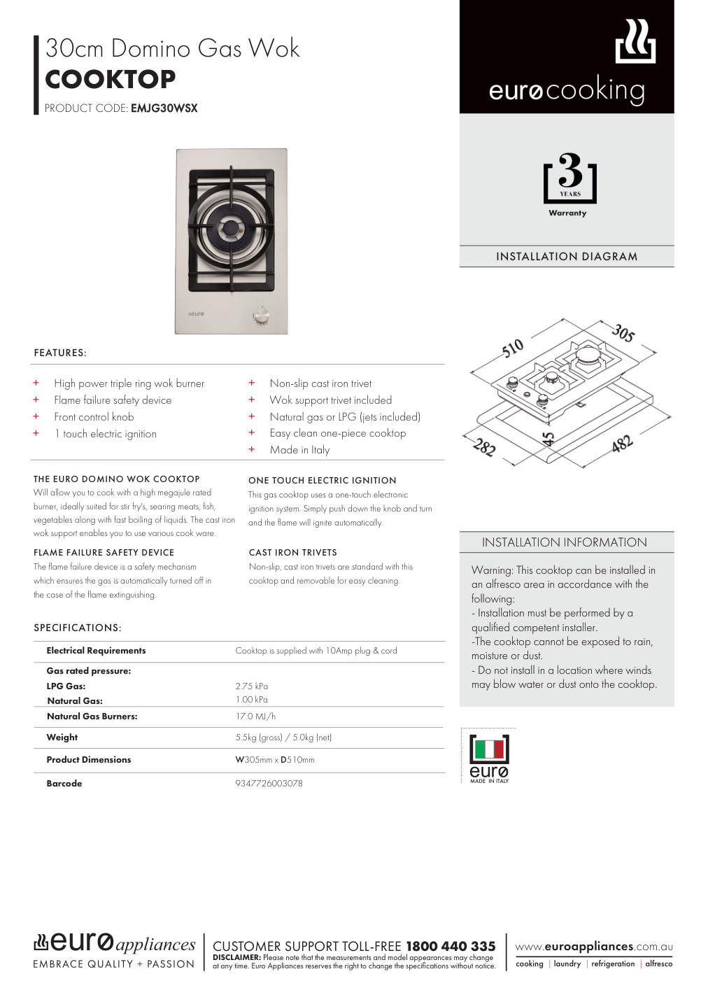 Euro EMJG30WSX manufacturer technical sheet and dimensions