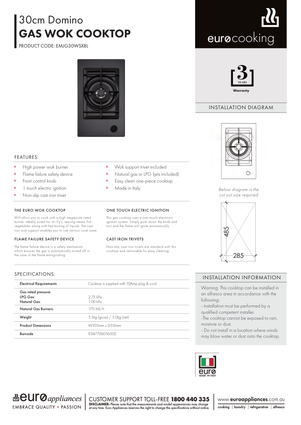 Euro EMJG30WSXBL manufacturer technical sheet and dimensions