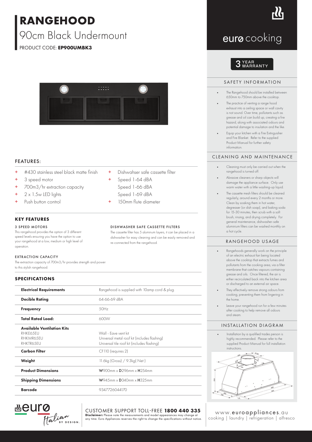 Euro EP900UMBK3 manufacturer technical sheet and dimensions