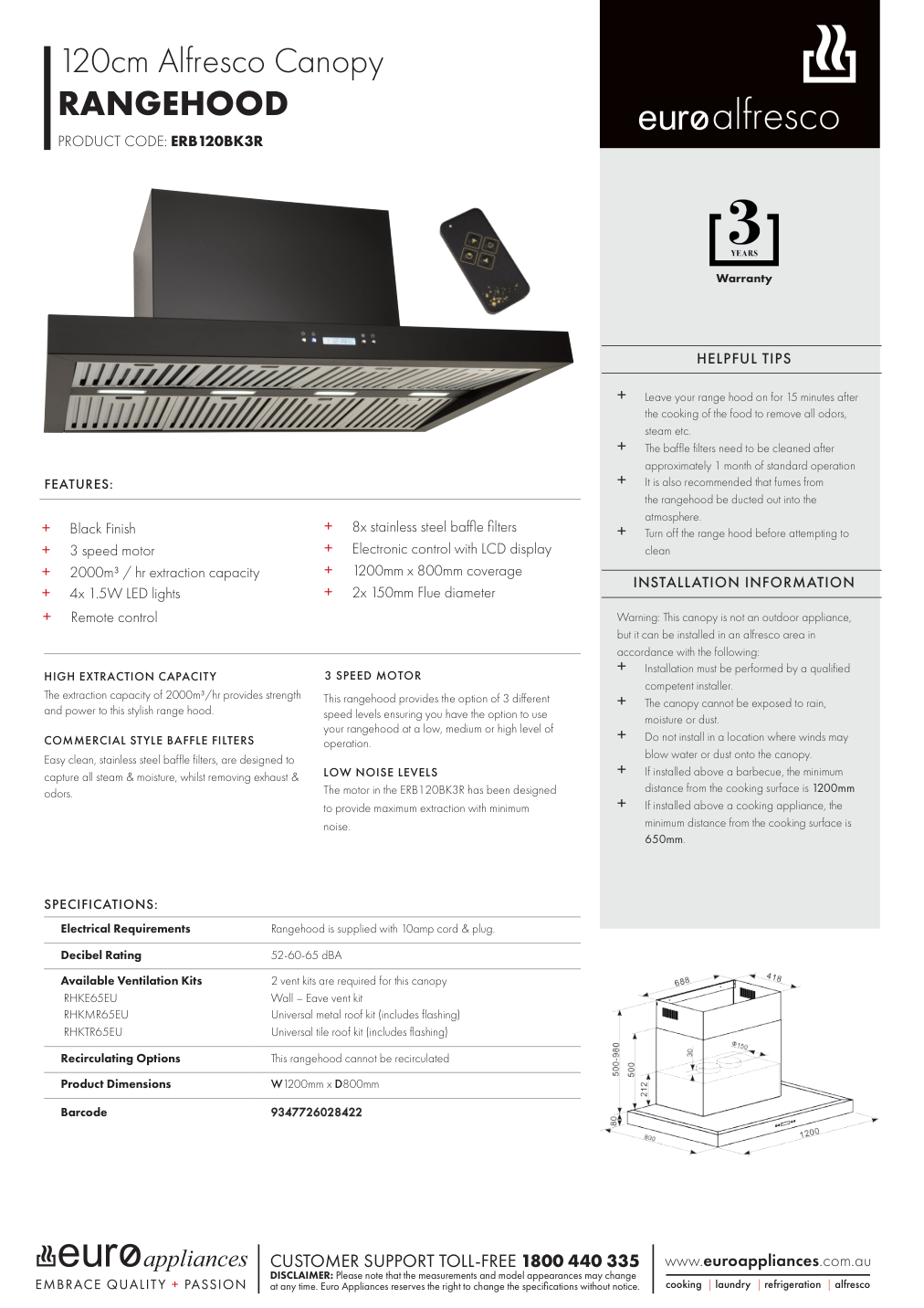 Euro ERB120BK3R manufacturer technical sheet and dimensions
