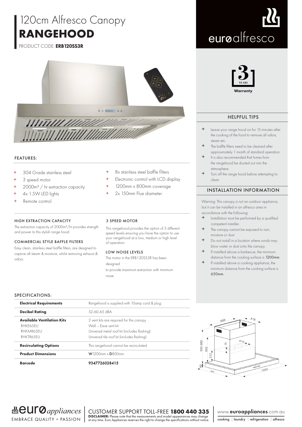 Euro ERB120SS3R manufacturer technical sheet and dimensions