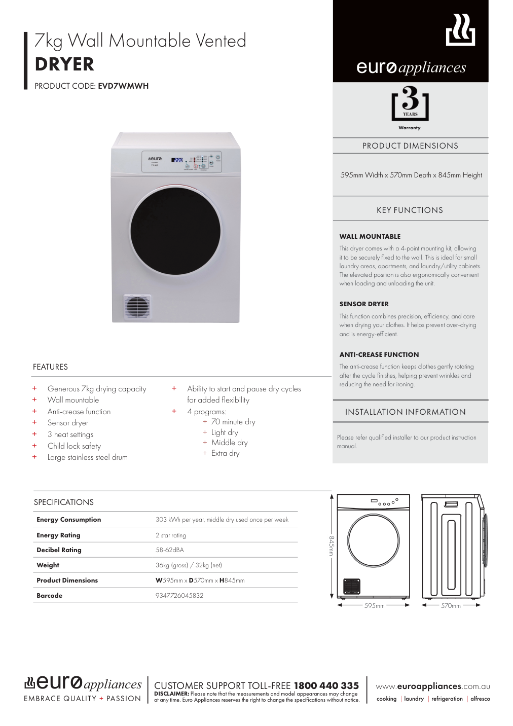 Euro EVD7WMWH manufacturer technical sheet and dimensions