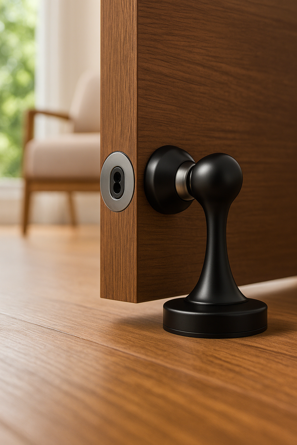 Black door handle on a wooden door with blurred chair and window in the background