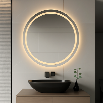 Round illuminated mirror above a black sink in a modern bathroom setting.