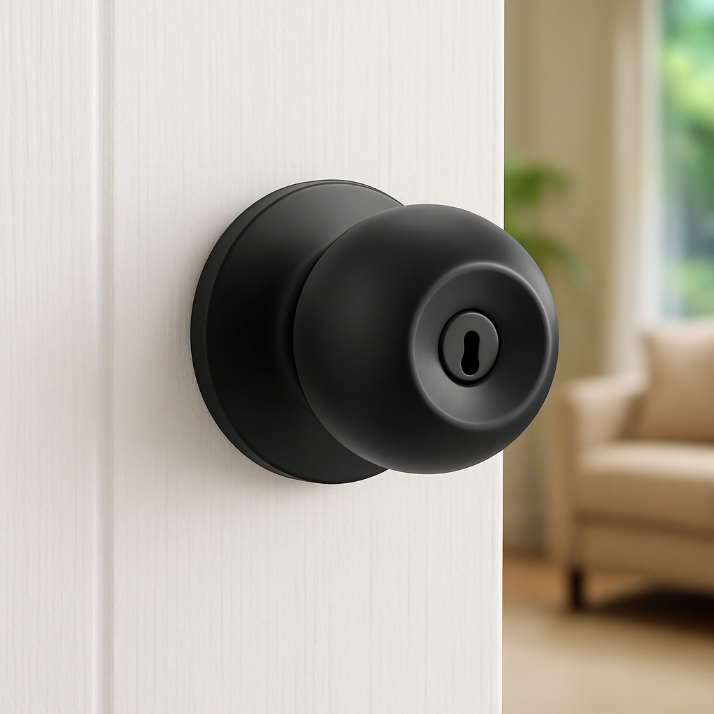 Black door handle on a white door with a blurred room in the background