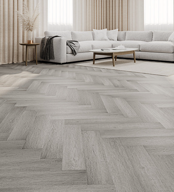 Grey Ghost hybrid herringbone flooring installed in a contemporary living room