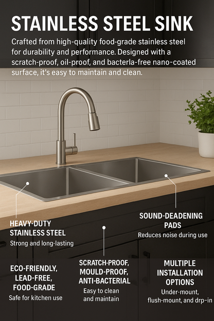 Stainless steel sink with faucet on a kitchen counter, featuring about its features.