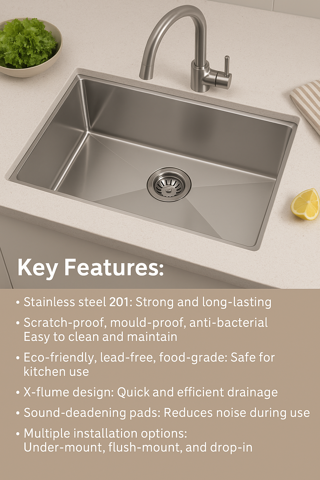 Stainless steel kitchen sink with key features