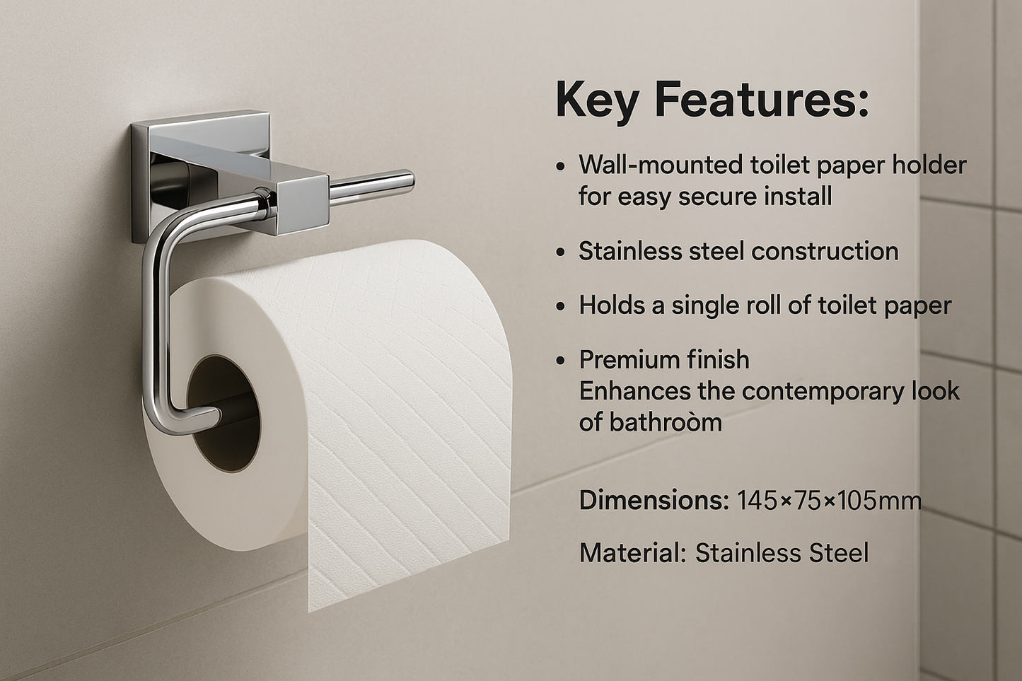Wall-mounted toilet paper holder with a roll of toilet paper on a tiled bathroom wall, featuring key features text.