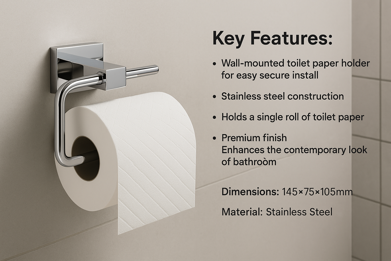 Wall-mounted toilet paper holder with a roll of toilet paper on a tiled bathroom wall, featuring key features text.