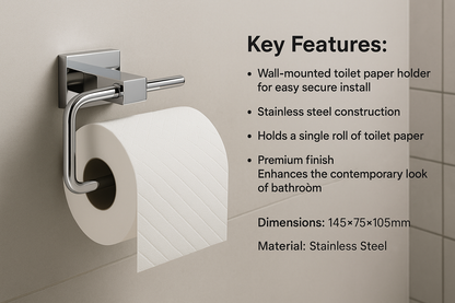 Wall-mounted toilet paper holder with a roll of toilet paper on a tiled bathroom wall, featuring key features text.