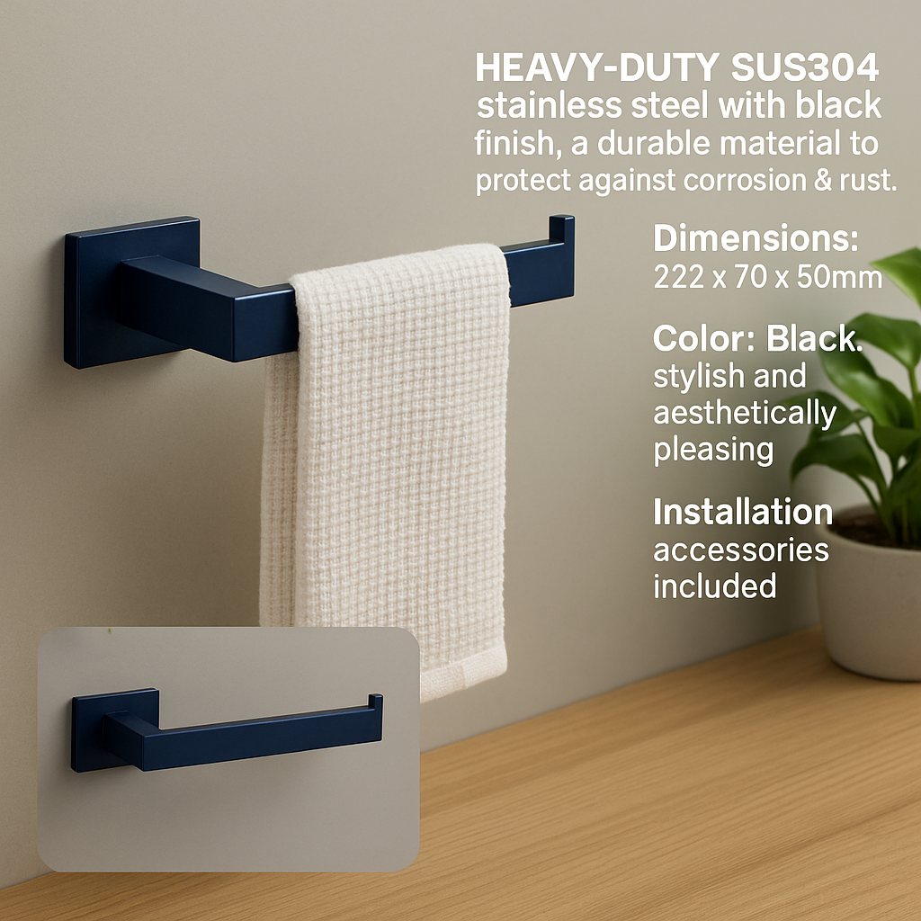 Black stainless steel towel rack with a white towel on a neutral 