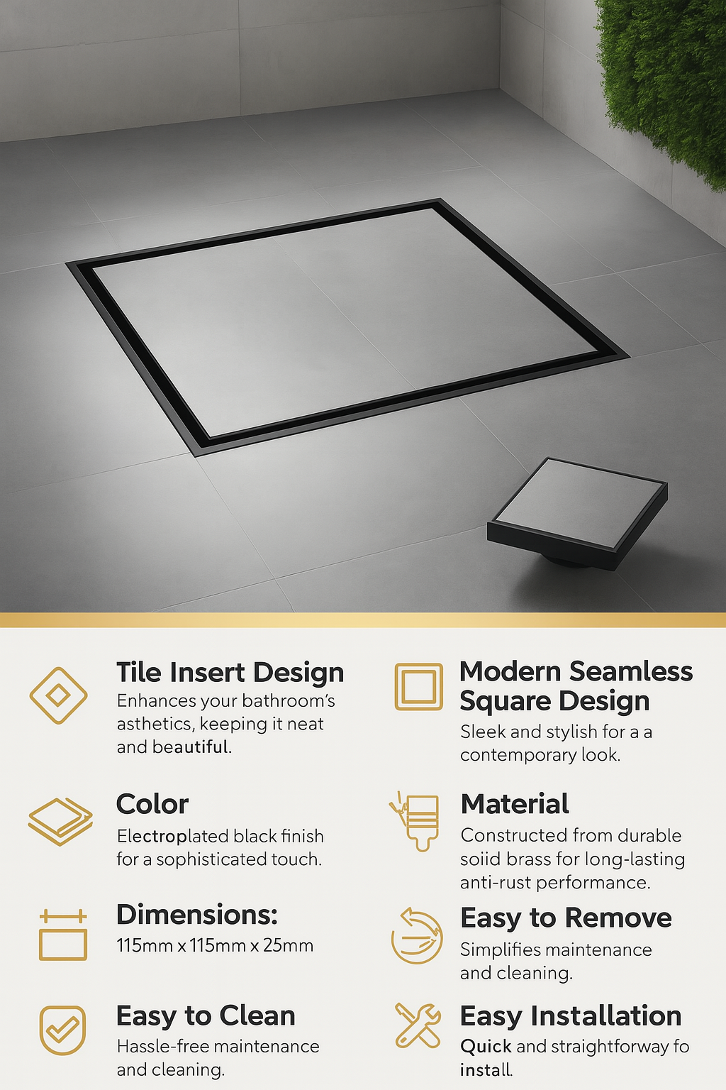 Square shower drain with features listed on a gray floor.