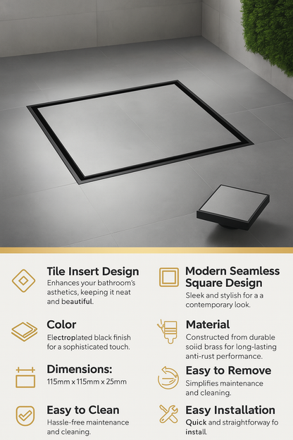 Square shower drain with features listed on a gray floor.