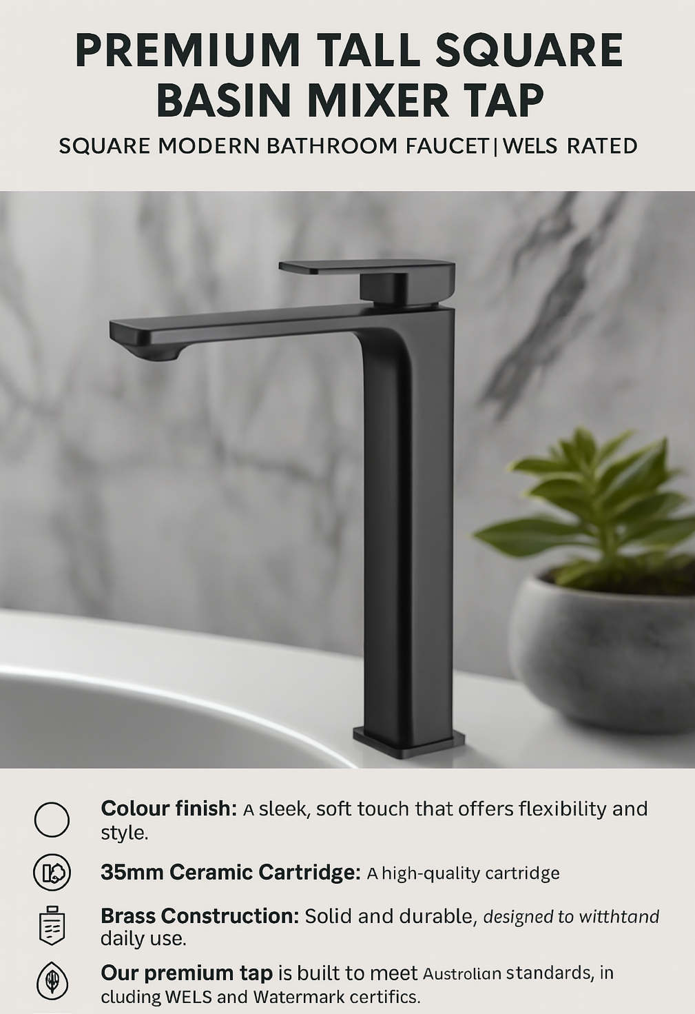 Black square basin mixer tap with marble background