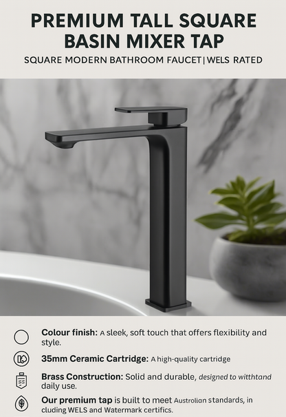 Black square basin mixer tap with marble background