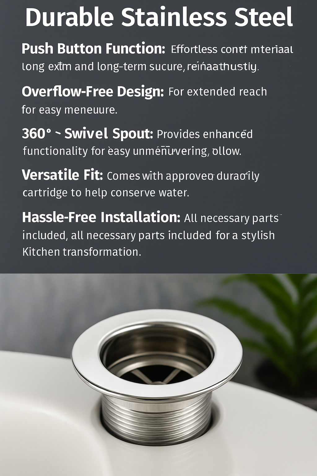 Stainless steel drain with features listed 