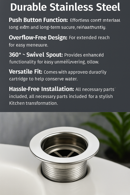 Stainless steel drain with features listed 