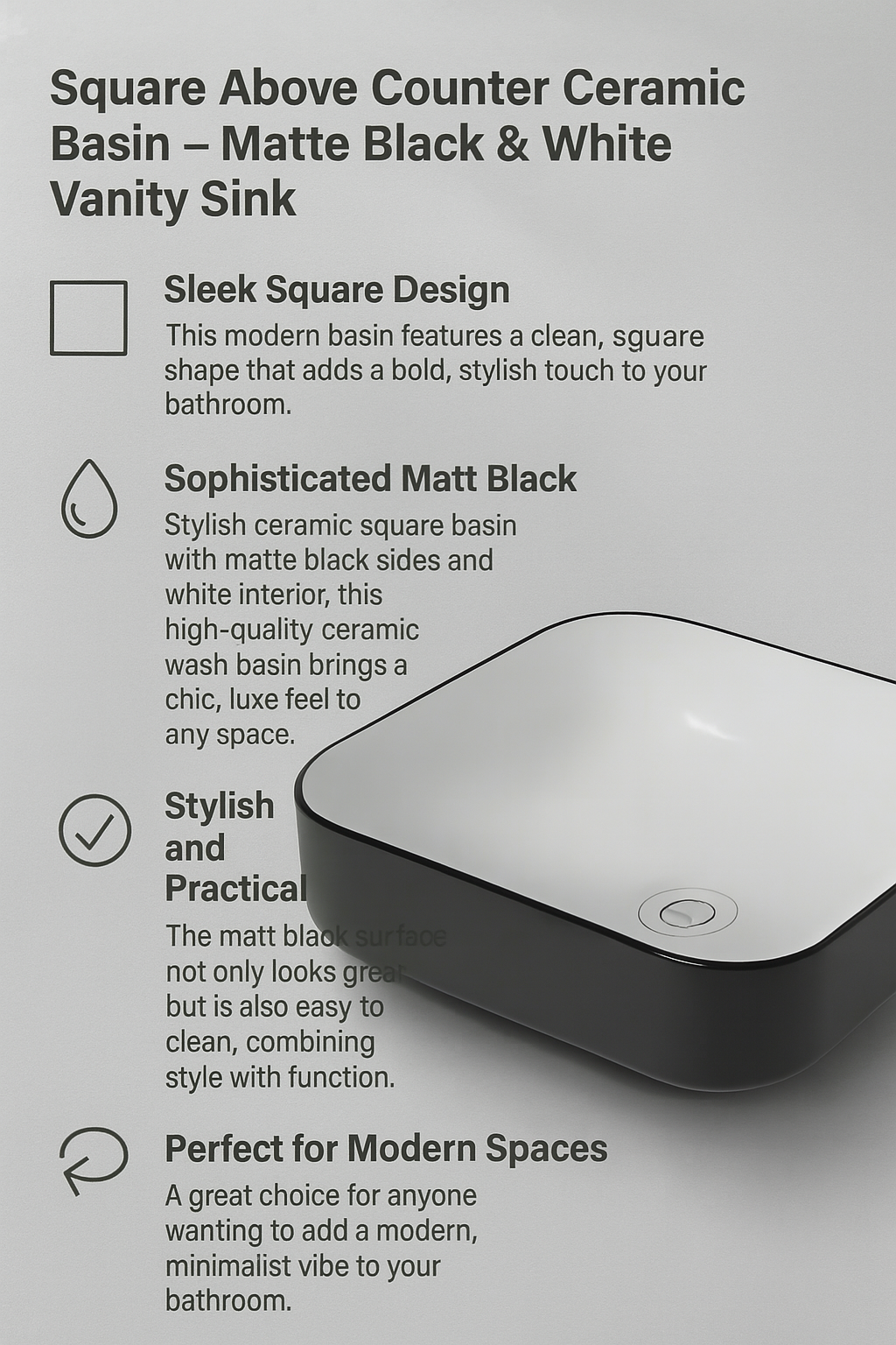 Square above counter ceramic basin with matte black and white design on a gray background