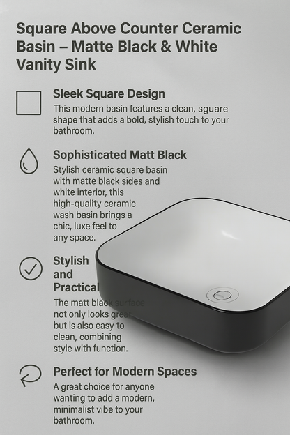 Square above counter ceramic basin with matte black and white design on a gray background