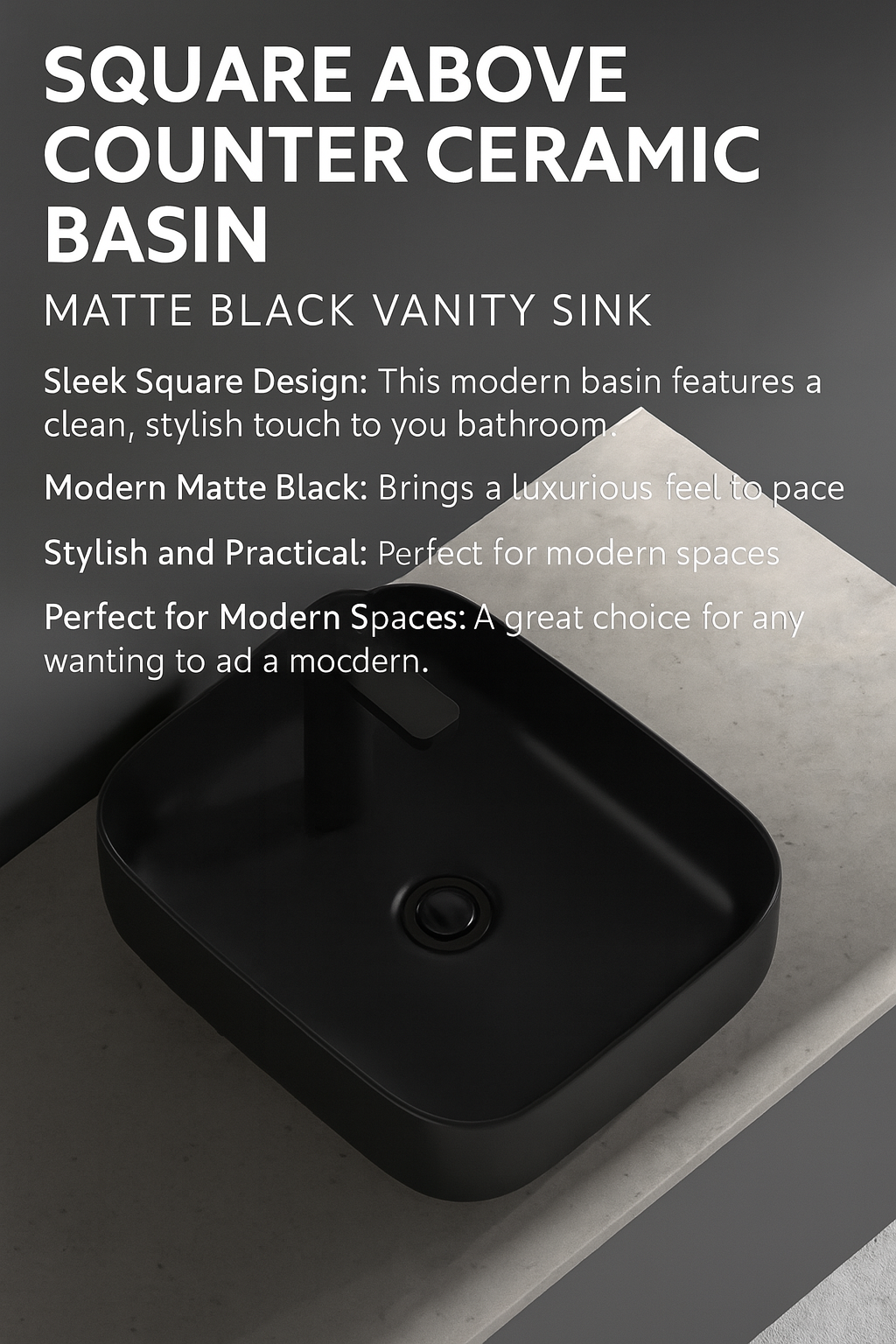 Matte black vanity sink on a gray countertop with promotional text.