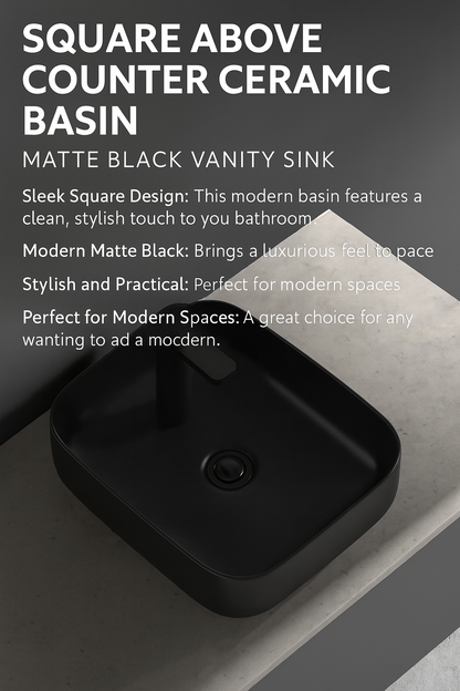 Matte black vanity sink on a gray countertop with promotional text.