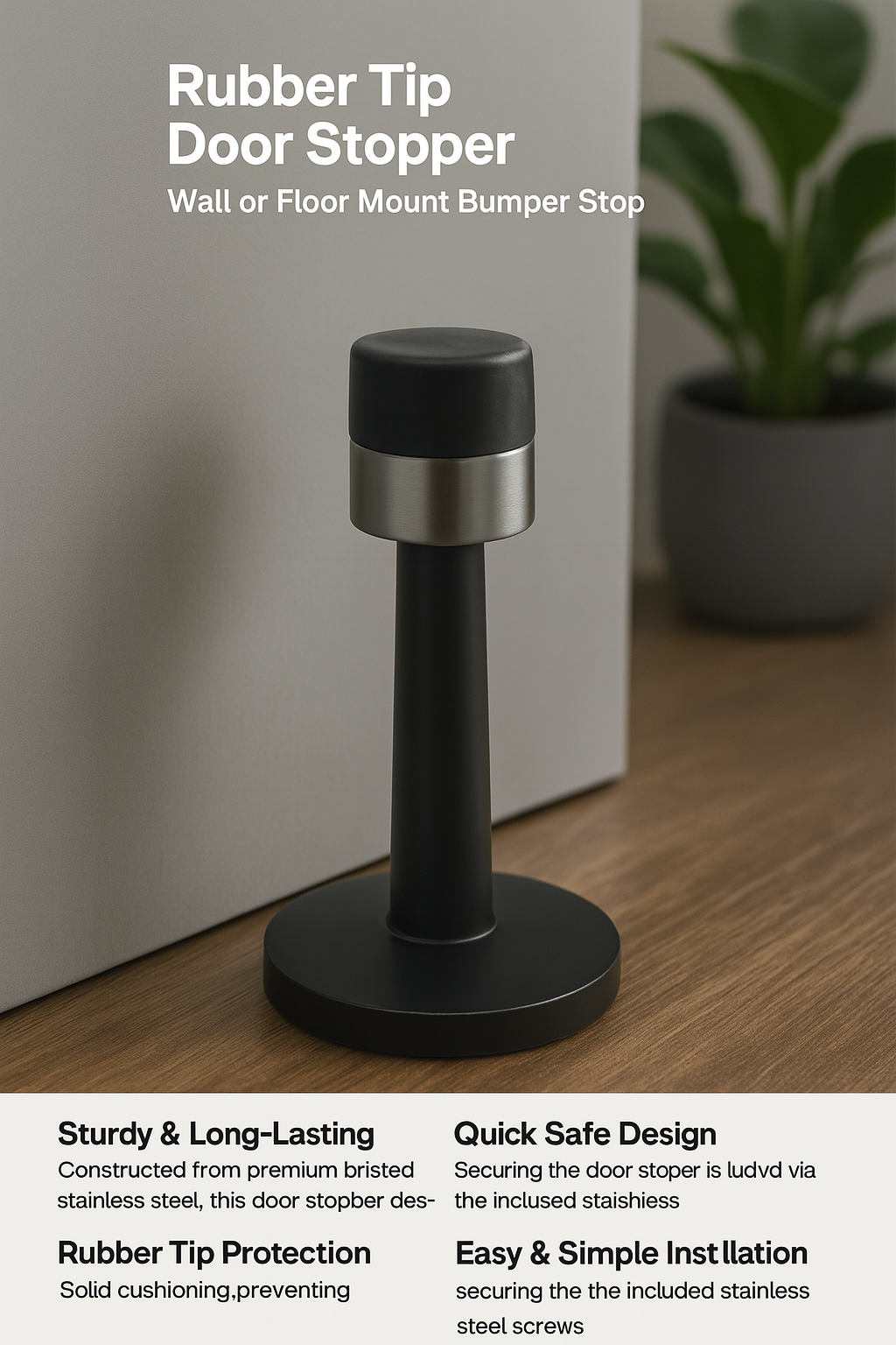 Black rubber tip door stopper with text on a light gray background