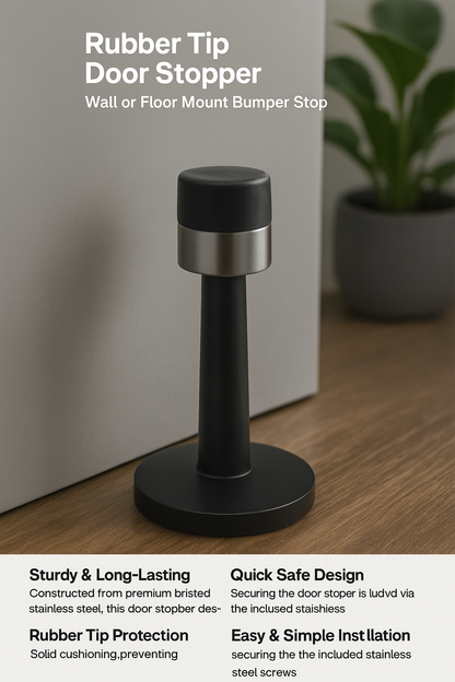 Black rubber tip door stopper with text on a light gray background