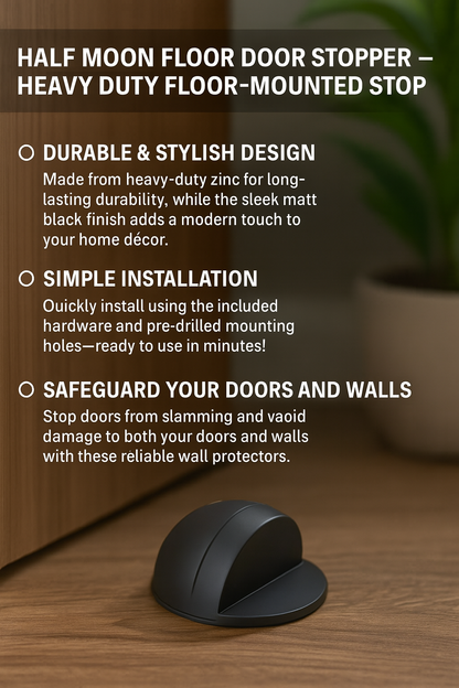 Half moon floor door stopper with installation instructions on a wooden floor.