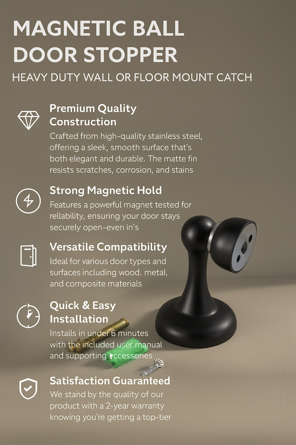 Magnetic ball door stopper with features listed on a brown background