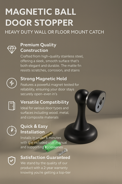 Magnetic ball door stopper with features listed on a brown background