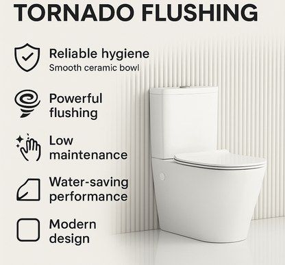 White toilet with features listed on a white background