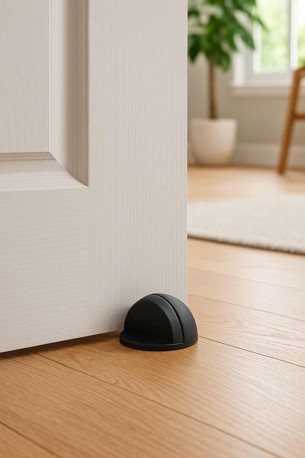 Black door stopper on a wooden floor next to a closed white door.