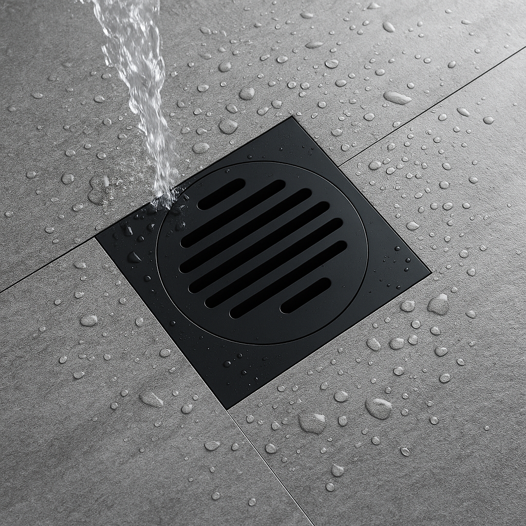 Black square drain cover on a wet tiled floor with water flowing into it.
