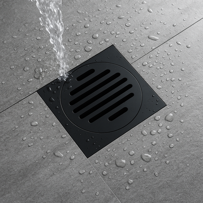 Black square drain cover on a wet tiled floor with water flowing into it.