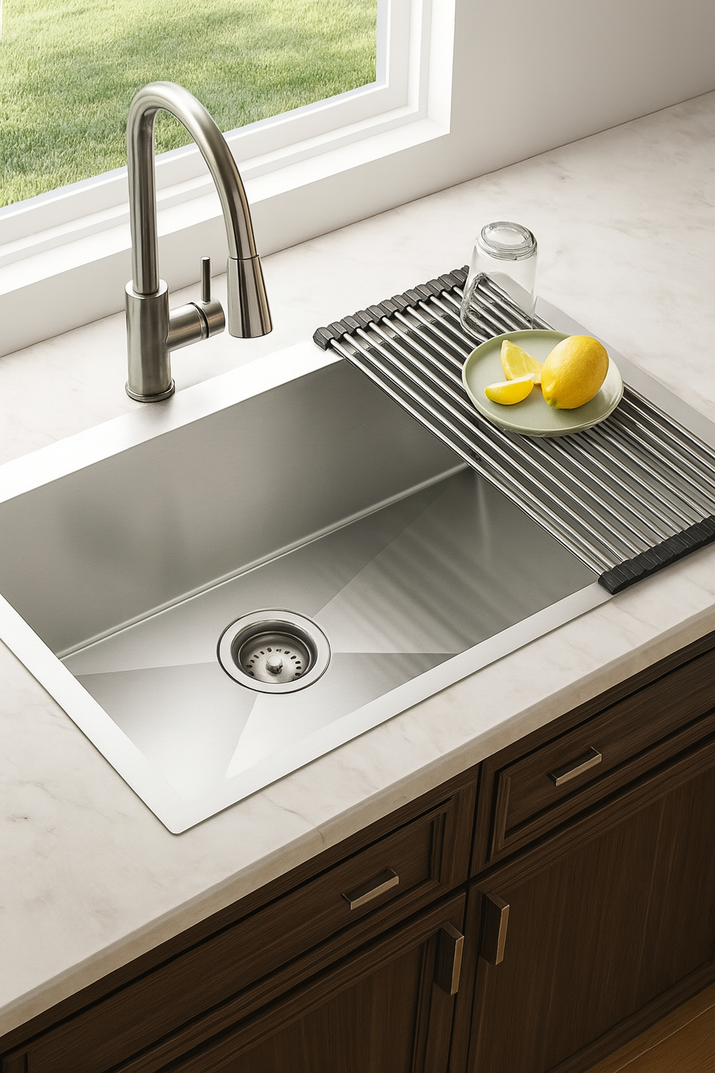 Stainless steel kitchen sink with a window in the background