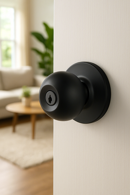 Black door handle on a white door with a blurred living room in the background