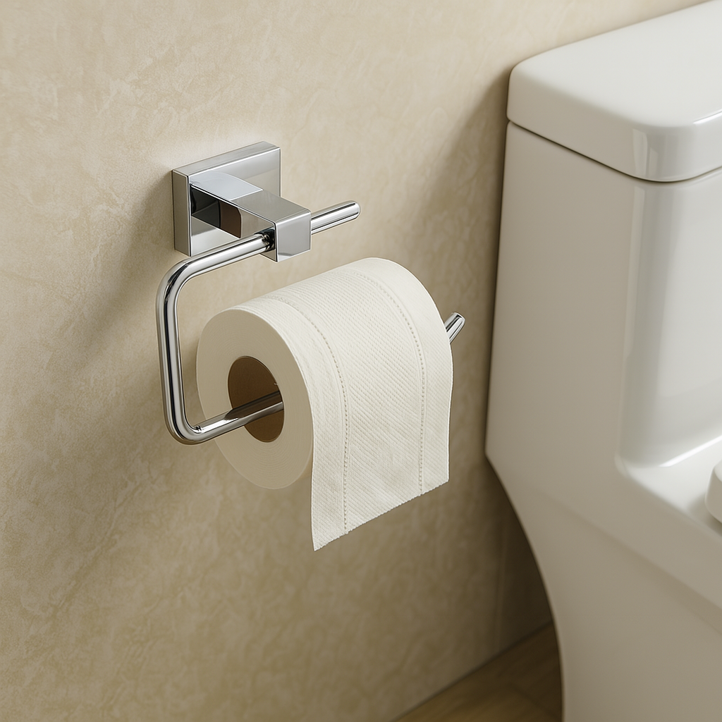  toilet paper holder mounted on a beige wall next to a white toilet.