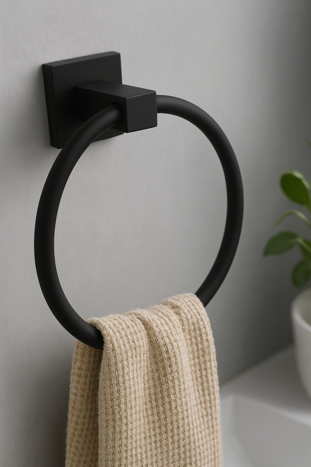 Black towel ring with a beige towel on a gray wall.