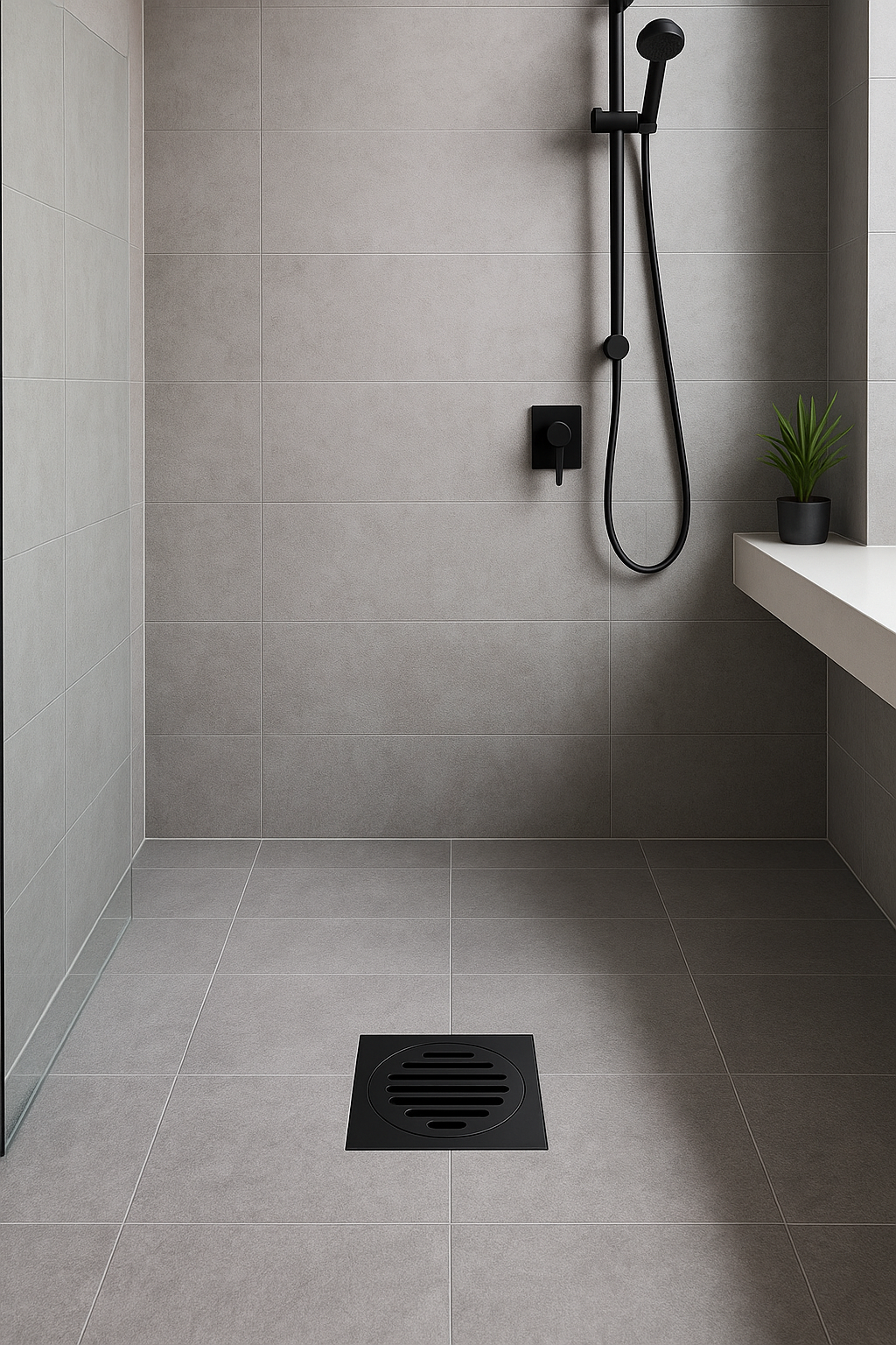 Modern shower setup with gray tiles, black shower head, and drain cover.