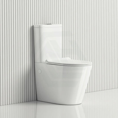White toilet against a light gray wall with horizontal lines
