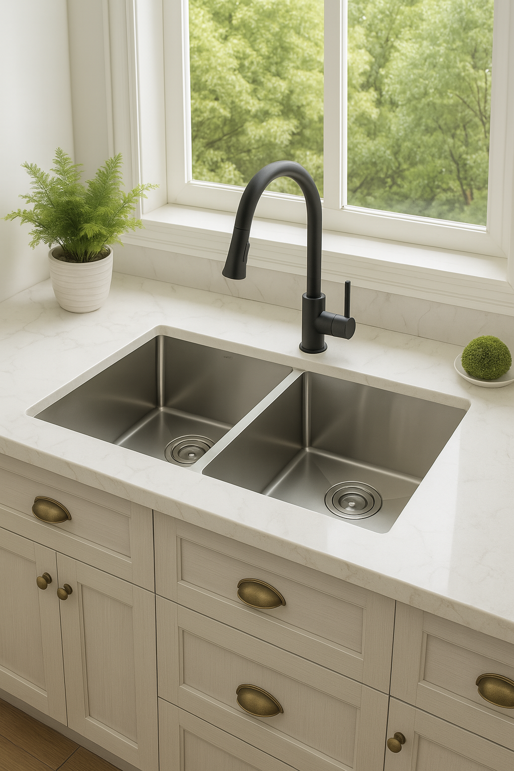 Stainless steel kitchen sink with black faucet in a bright kitchen setting