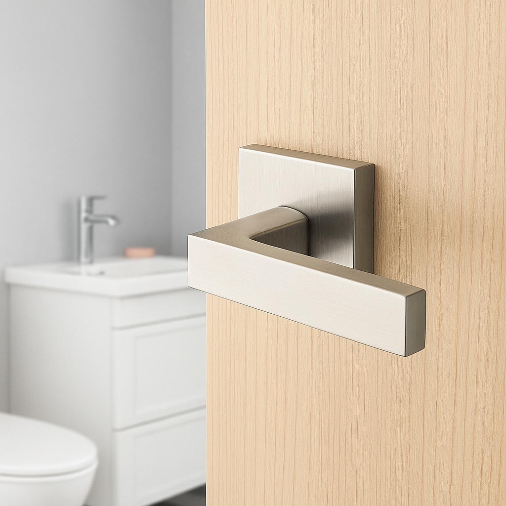 Modern door handle on a wooden door.