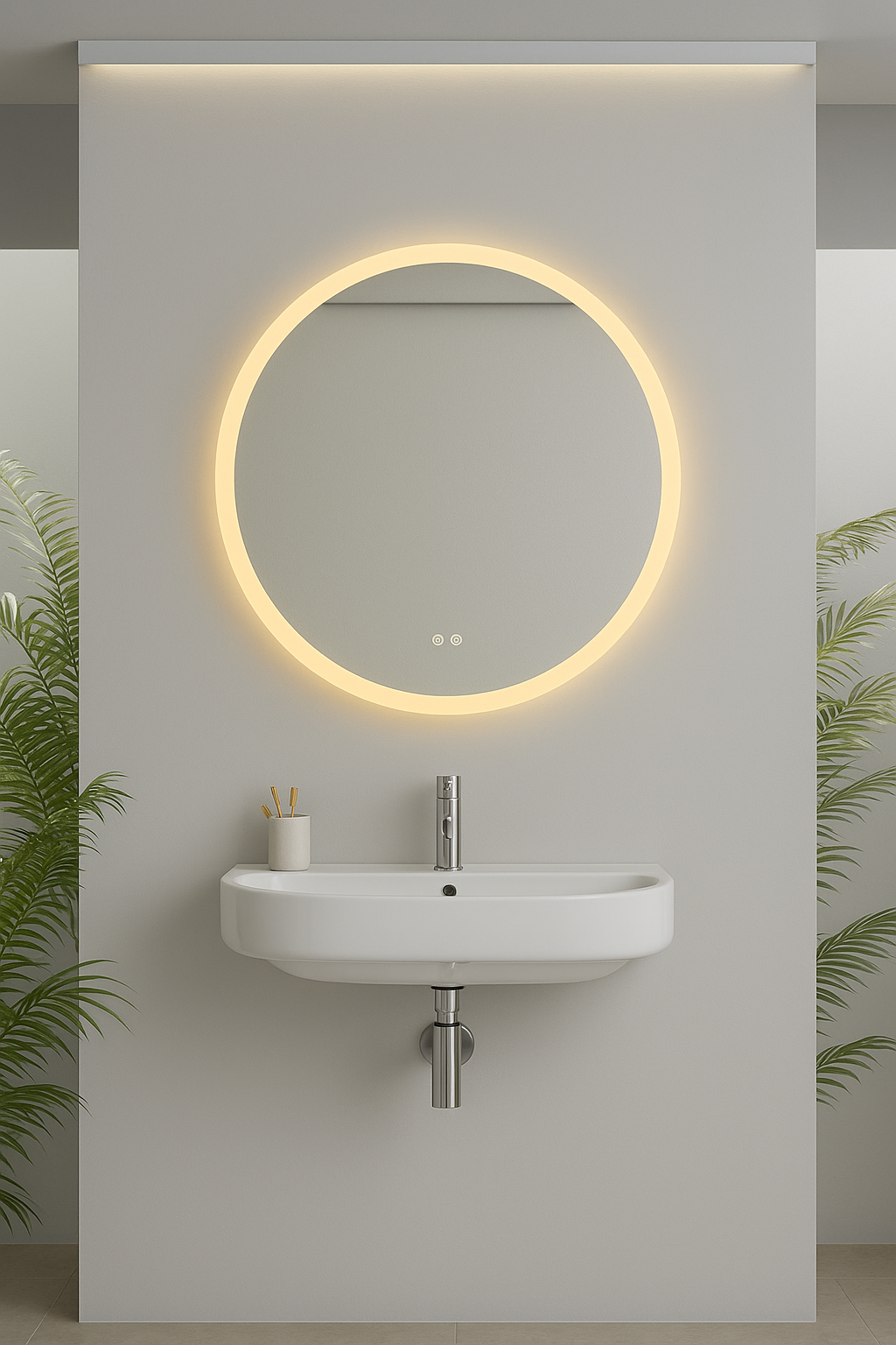Bathroom setup with a round mirror and sink on a light gray wall.