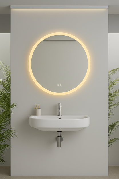 Bathroom setup with a round mirror and sink on a light gray wall.