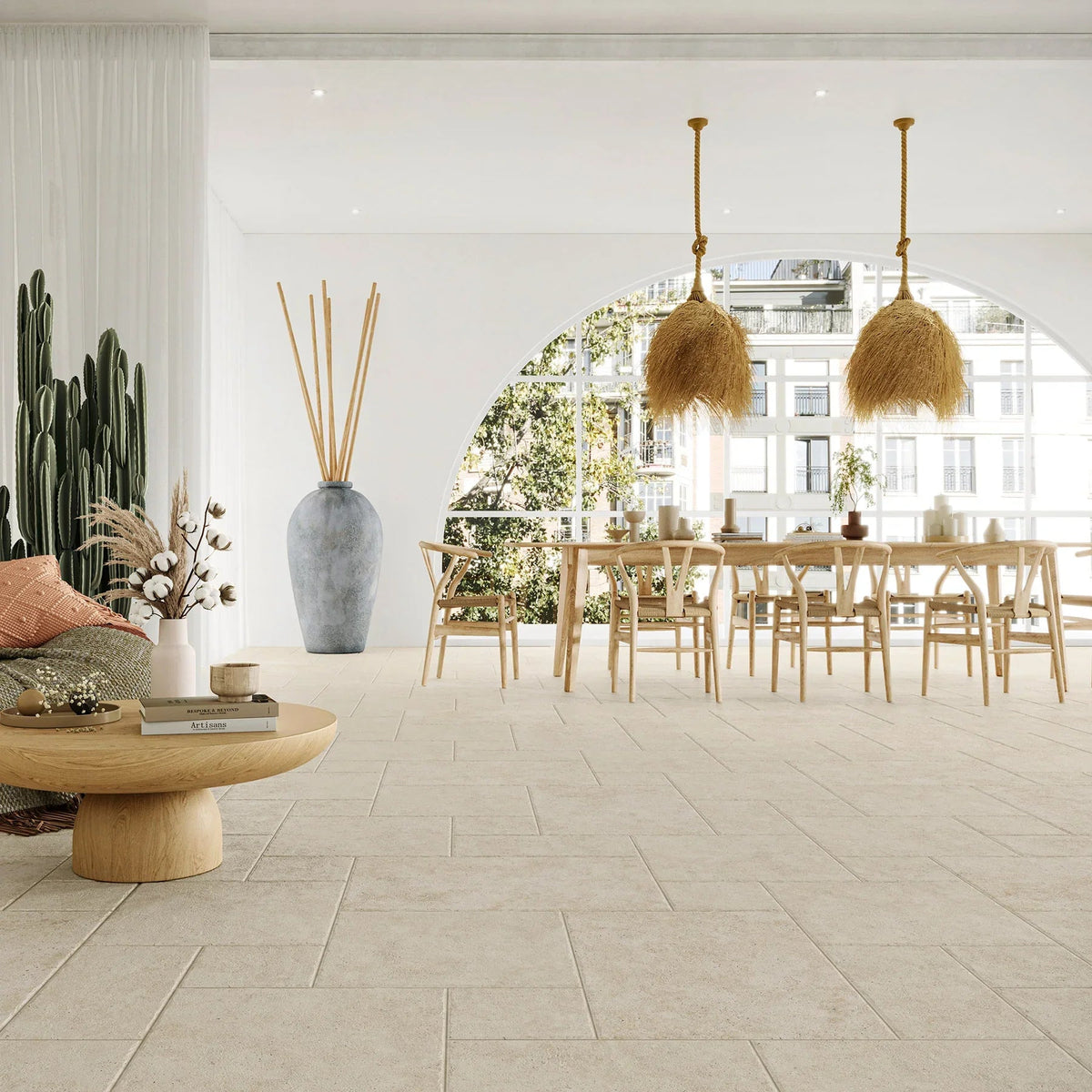 Metz French Pattern travertine-look porcelain outdoor tile