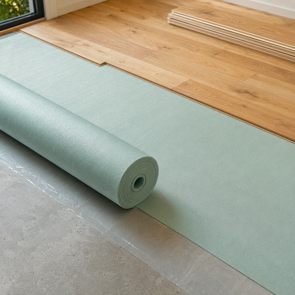 Acoustic flooring underlay being installed beneath timber flooring